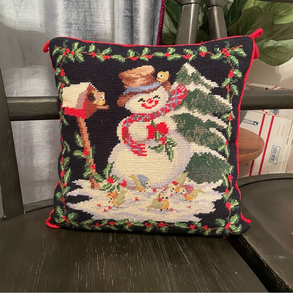100% Wool Handmade Needle Point snowman Pillow Christmas 13x13”